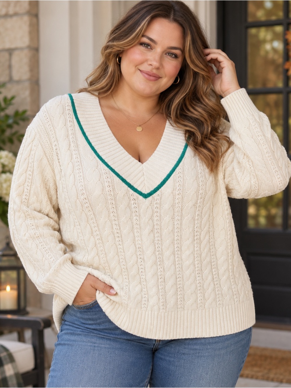 Ava & Viv Cream Cable Knit V-Neck Sweater Green Trim NWT 1X